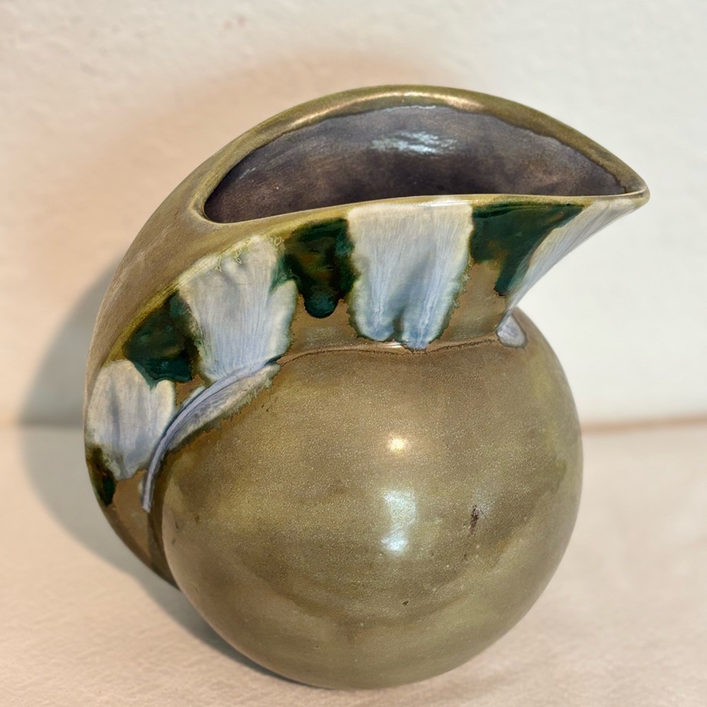 Vintage Hand painted Ceramic Vase Mohawk style with Green and Cream Accents